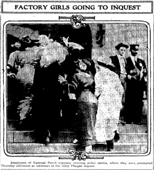 Young women employees of the National Pencil Company, arrive at the police station to testify at the inquest