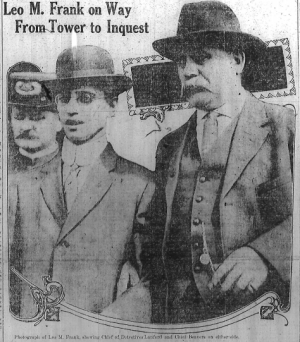 Leo Frank, center, being brought to testify by Detective Lanford, left, and Police Chief Beavers, right