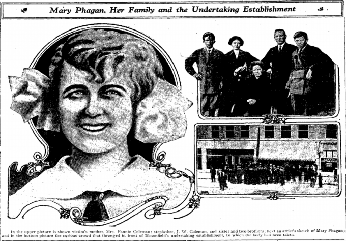 In the upper picture is shown the victim's mother, Mrs. Fannie Coleman; stepfather, J. W. Coleman, and sister and two brothers; next an artist's sketch of Mary Phagan; and in the bottom picture the curious crowd that thronged in front of Bloomfield's undertaking establishment, to which the body had been taken.