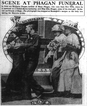 Scene at Phagan funeral. In front are Benjamin Phagan, brother of Mary Phagan, who came from New York, where he is stationed on a United States battleship; and Miss Ollie Phagan, sister of the dead girl. In the rear are friends of Mary. The photograph was snapped at Bloomfield's morgue as the body was leaving for Marietta to-day.