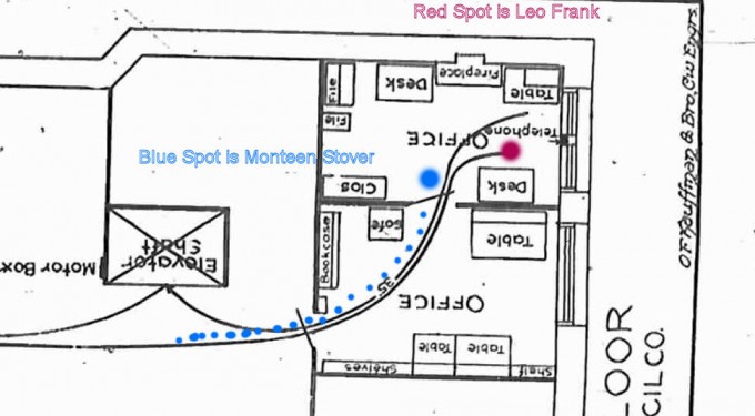 Diagram of Leo Frank’s outer and inner office: How likely is it that Monteen Stover could have missed Frank had he really been in his office as he claimed?