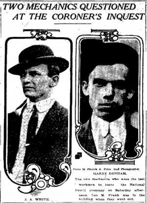 J. A. White [left and] Harry Denham. The two mechanics who were the last workmen to leave the National Pencil company on Saturday afternoon. Leo M. Frank was in the building when they went out. Photo by Francis B. Price, Staff Photographer.